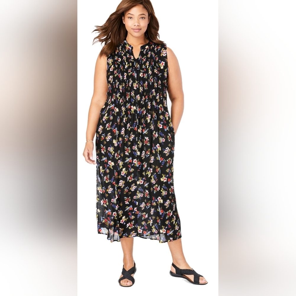 Woman Within Plus Size Black Dress with Colorful Floral‎ Design